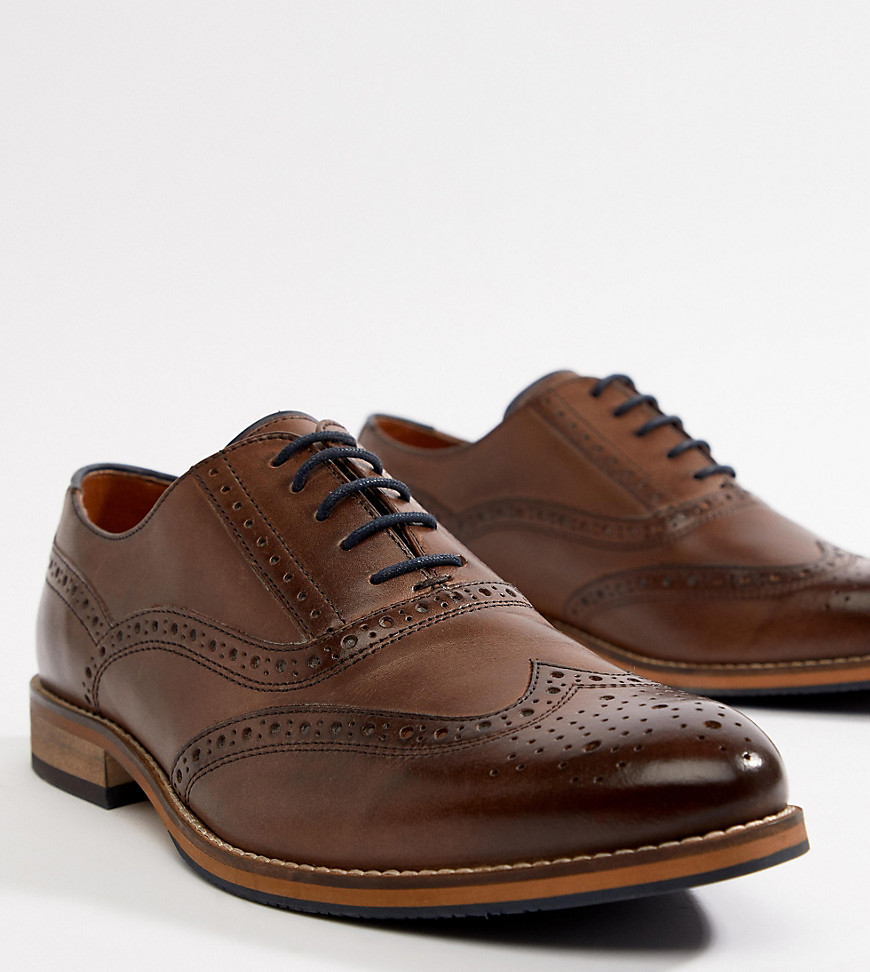 ASOS DESIGN Wide Fit brogue shoes in brown leather with natural sole ...