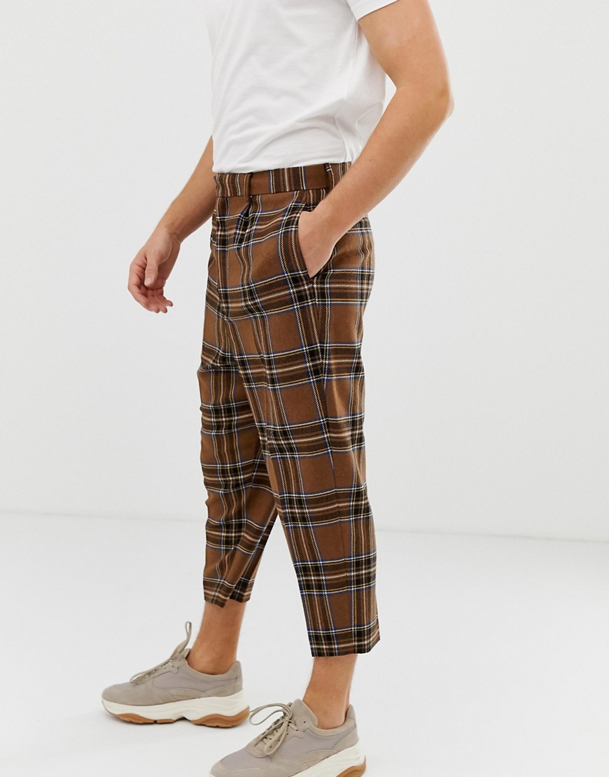 ASOS DESIGN drop crotch tapered smart pants in brown wool mix check ...