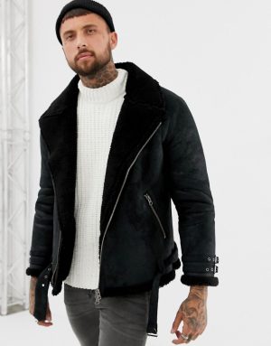 ASOS DESIGN faux shearling biker jacket with fleece lining - Black ASOS DESIGN faux shearling biker jacket with fleece lining - Black