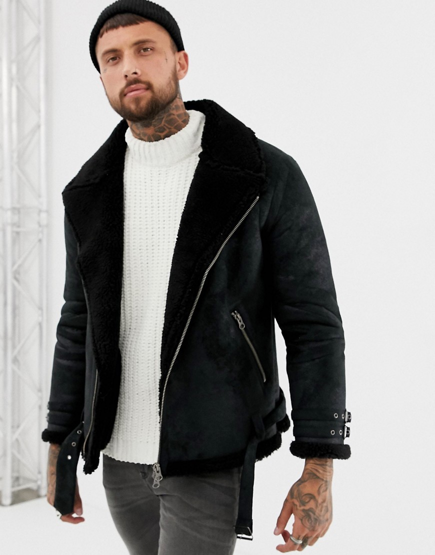 Asos Design Faux Shearling Biker Jacket With Fleece Lining Black