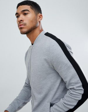 ASOS DESIGN jersey rib bomber jacket with side stripe in gray - Gray ASOS DESIGN jersey rib bomber jacket with side stripe in gray - Gray