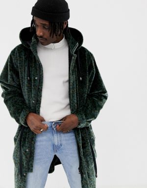 ASOS DESIGN longline parka with faux fur leopard print - Green ASOS DESIGN longline parka with faux fur leopard print - Green