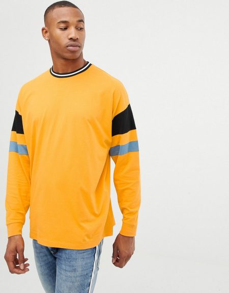 ASOS DESIGN oversized longline long sleeve t-shirt with color blocking ...