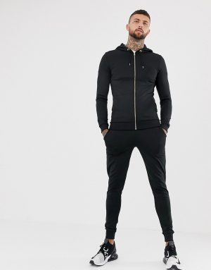 ASOS DESIGN poly tricot tracksuit zip up muscle hoodie/skinny sweatpants in black - Black ASOS DESIGN poly tricot tracksuit zip up muscle hoodie/skinny sweatpants in black - Black