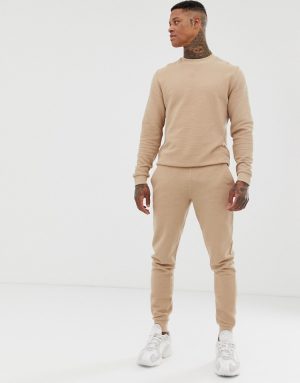 ASOS DESIGN ribbed tracksuit sweatshirt / skinny sweatpants in beige - Beige ASOS DESIGN ribbed tracksuit sweatshirt / skinny sweatpants in beige - Beige