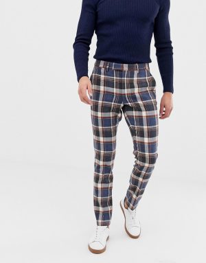 ASOS DESIGN skinny smart pants in navy wool mix check - Blue ASOS DESIGN skinny smart pants in navy wool mix check - Blue