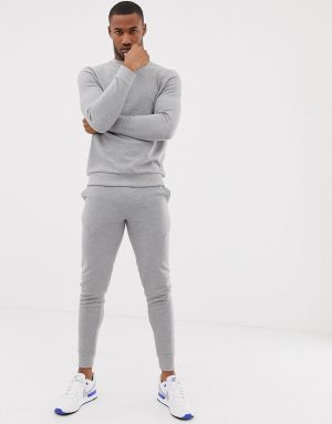 ASOS DESIGN tracksuit sweatshirt/skinny sweatpants in gray ribbed fabric - Gray ASOS DESIGN tracksuit sweatshirt/skinny sweatpants in gray ribbed fabric - Gray