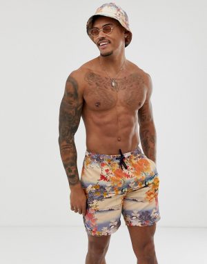 ASOS DESIGN two-piece swim shorts in souvenir print in mid length - Beige ASOS DESIGN two-piece swim shorts in souvenir print in mid length - Beige