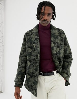 ASOS DESIGN wool mix peacoat in camo - Green ASOS DESIGN wool mix peacoat in camo - Green