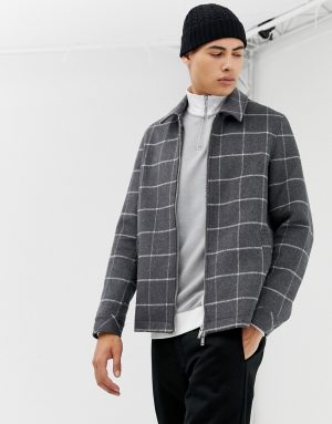 ASOS DESIGN wool mix zip through jacket with window pane check - Gray ASOS DESIGN wool mix zip through jacket with window pane check - Gray