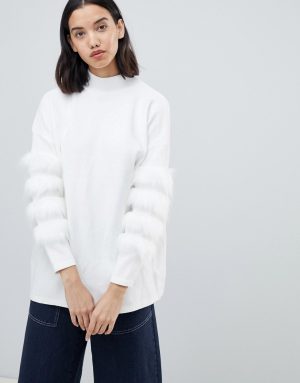 Amy Lynn high neck sweater with fur sleeve trim detail - Cream Amy Lynn high neck sweater with fur sleeve trim detail - Cream