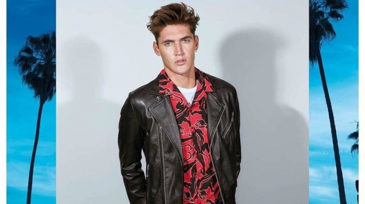 Isaac Carew rocks a leather biker jacket for Antony Morato's spring-summer 2019 campaign.