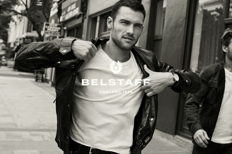 Rocking a leather jacket, Corey Saucier fronts Belstaff's spring-summer 2019 campaign.