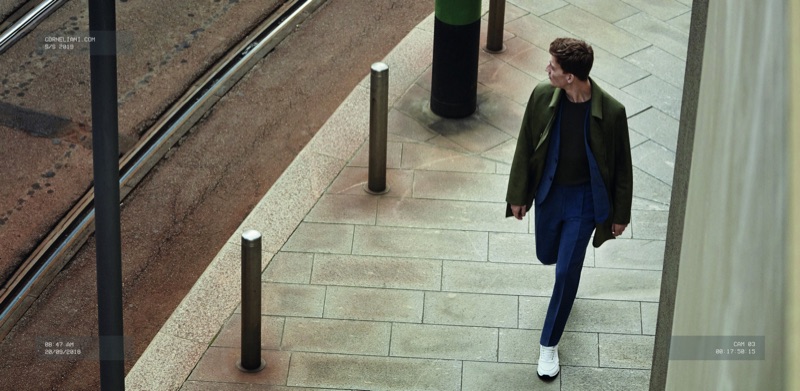 Under surveillance, Bastian Thiery appears in Corneliani's spring-summer 2019 campaign.