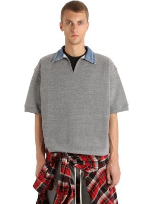 Cotton Blend Polo Shirt W/ Denim Collar Cotton Blend Polo Shirt W/ Denim Collar