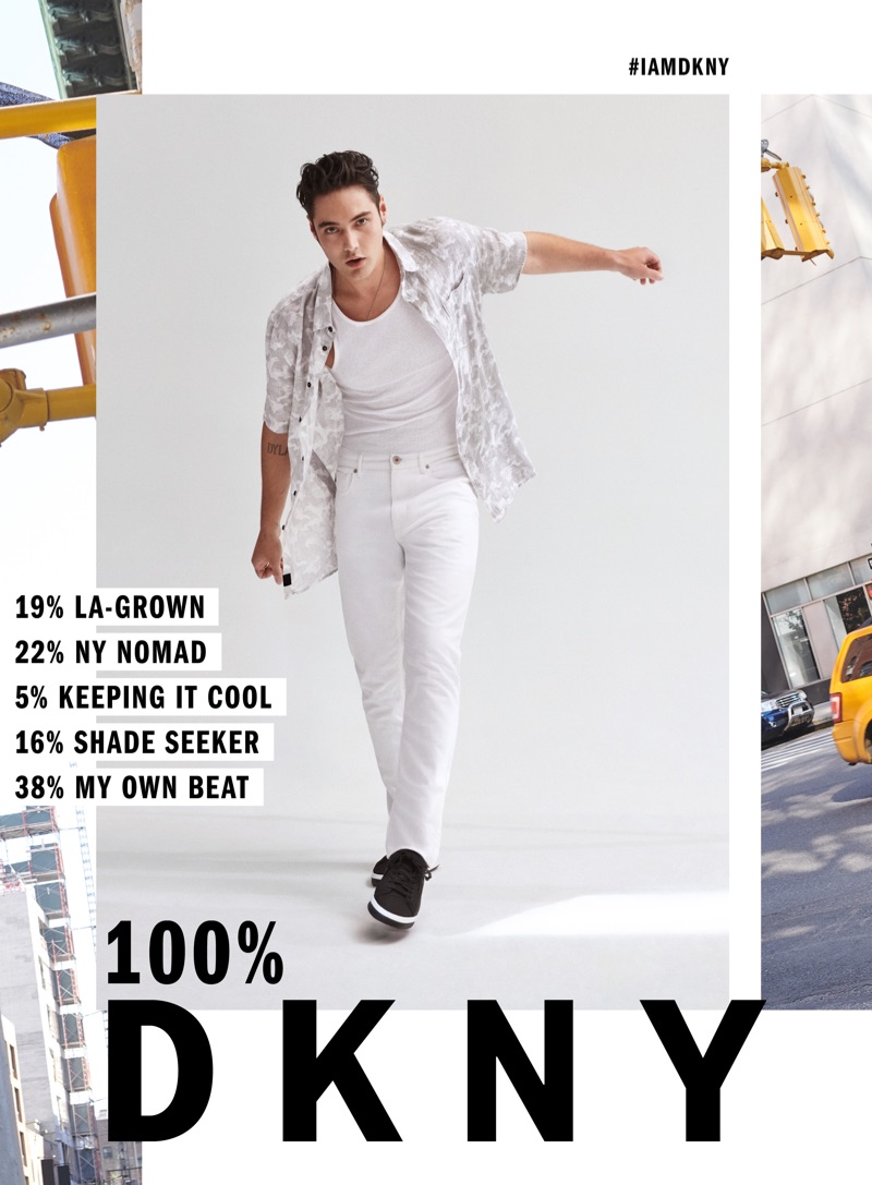 Donning a clean white look, Levi Dylan fronts DKNY's spring-summer 2019 campaign.