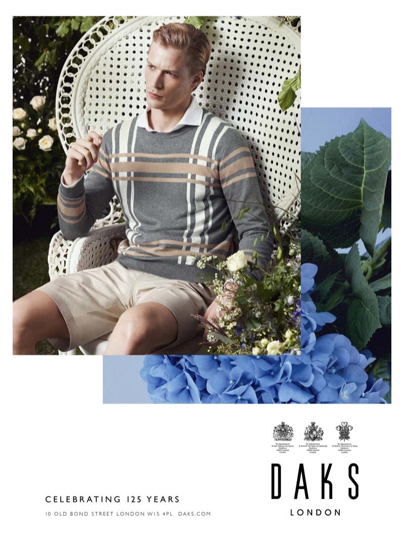 Embracing an English garden theme, Sven de Vries appears in Daks' spring-summer 2019 campaign.