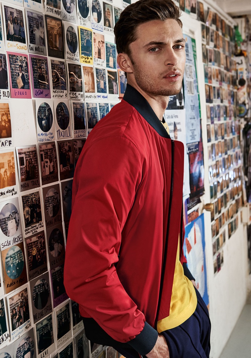 Harvey Haydon sports a red bomber jacket from Digel Move's spring-summer 2019 collection.