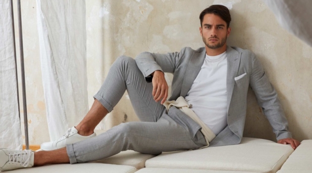 Aleksandar Rusić & Mattia Narducci Embrace Wabi-Sabi Inspiration for Eleventy Spring '19 Campaign Aleksandar Rusić is a chic vision in a grey suit for Eleventy.
