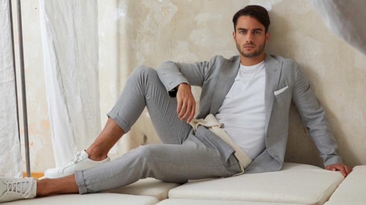 Aleksandar Rusić is a chic vision in a grey suit for Eleventy.