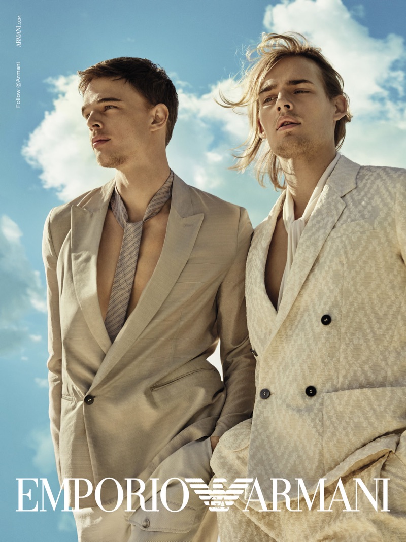 Donning neutral suits, André Bona and Ton Heukels front Emporio Armani's spring-summer 2019 campaign.