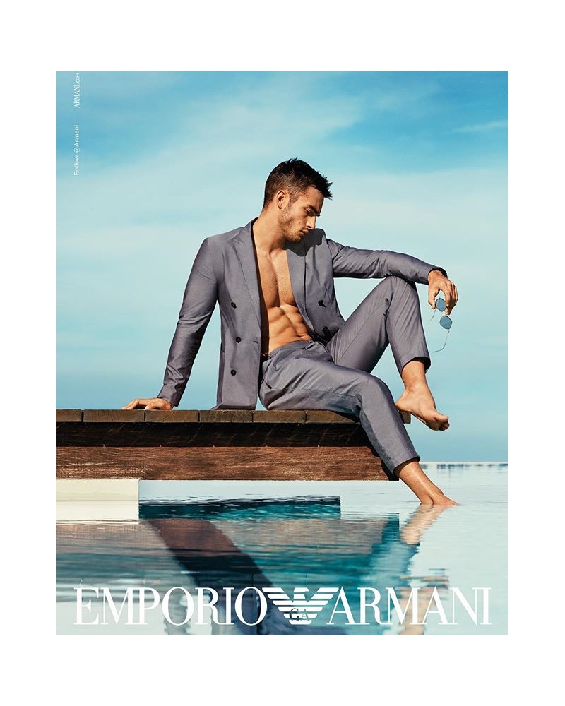Aleksandar Rusić dons a double-breasted suit for Emporio Armani's spring-summer 2019 campaign.