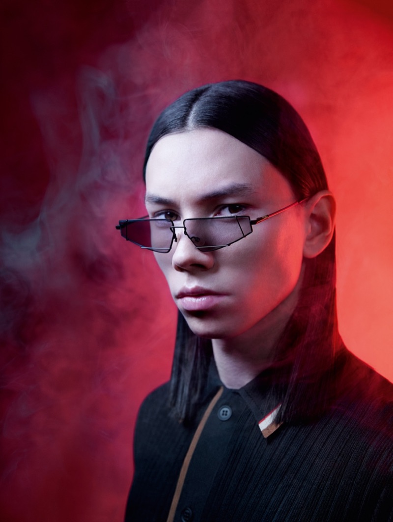 Donning eyewear, Eduards Kraule appears in Fendi's spring-summer 2019 campaign.