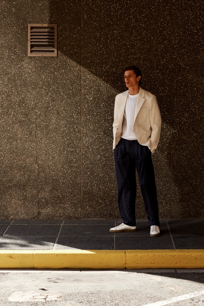 Donning neutrals, Edoardo Sebastianelli appears in Filippa K's spring-summer 2019 campaign.