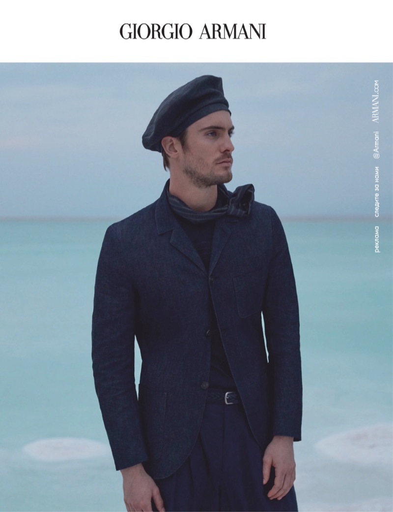 Maxime Daunay dons a beret for Giorgio Armani's spring-summer 2019 campaign.
