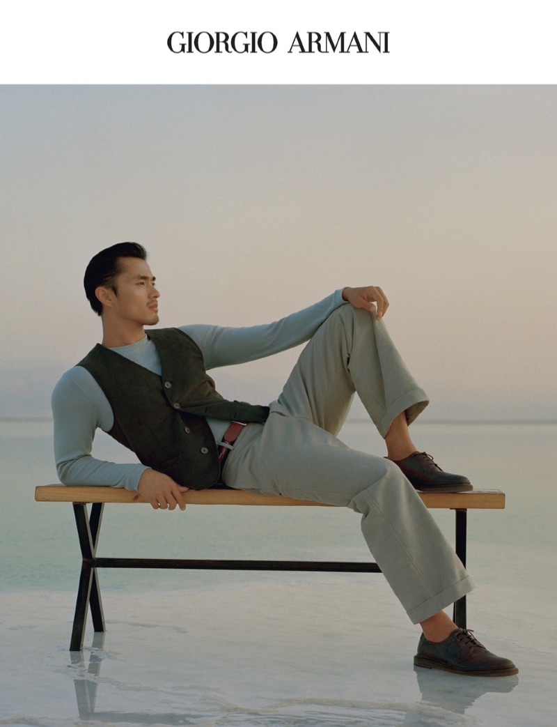 Reclining, Zhao Lei appears in Giorgio Armani's spring-summer 2019 campaign.