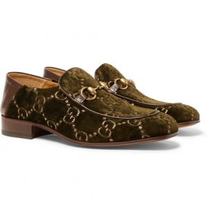 Gucci - Horsebit Collapsible-Heel Leather-Trimmed Embroidered Velvet Loafers - Men - Army green Gucci - Horsebit Collapsible-Heel Leather-Trimmed Embroidered Velvet Loafers - Men - Army green