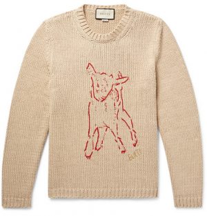 Gucci - Intarsia-Knit Ribbed Cotton Sweater - Men - Cream Gucci - Intarsia-Knit Ribbed Cotton Sweater - Men - Cream