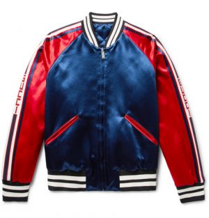 Gucci - Reversible Webbing-Trimmed Satin-Twill Bomber Jacket - Men - Storm blue Gucci - Reversible Webbing-Trimmed Satin-Twill Bomber Jacket - Men - Storm blue