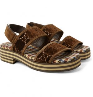 Gucci - Suede-Trimmed Logo-Embroidered Velvet Sandals - Men - Dark brown Gucci - Suede-Trimmed Logo-Embroidered Velvet Sandals - Men - Dark brown