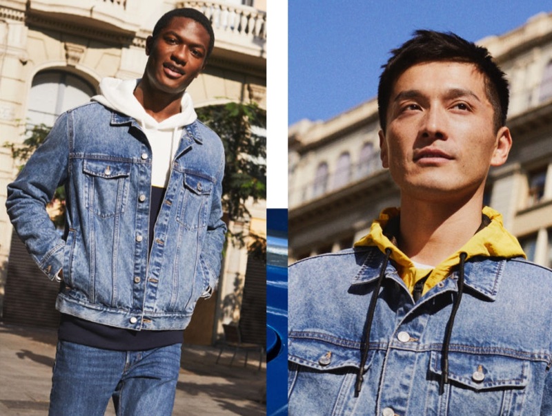 Model Hamid Onifade and Daisuke Ueda layer with H&M's denim jacket. Hamid also sports the brand's slim straight jeans.