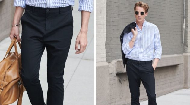 Hugo Sauzay Dons H&M's Essentials Pants Hugo Sauzay plays it smart in a pair of slim-fit cotton chinos with a striped shirt by H&M.