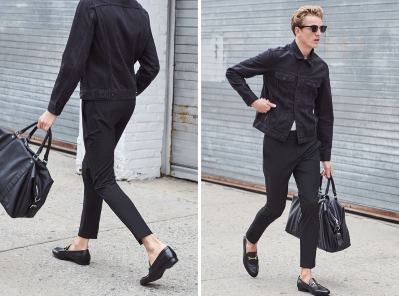On the move, Hugo Sauzay dons skinny slacks with a black denim jacket. » Hugo Sauzay Dons H&M's Essential Pants On the move, Hugo Sauzay dons skinny slacks with a black denim jacket.