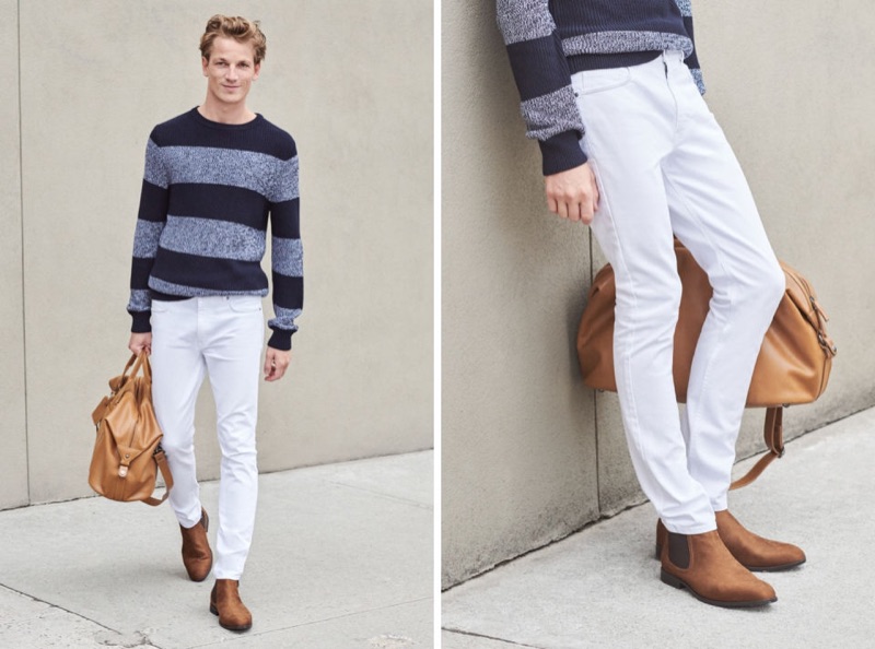 Sporting a striped sweater, Hugo Sauzay also rocks H&M's skinny-fit 5-pocket twill pants.