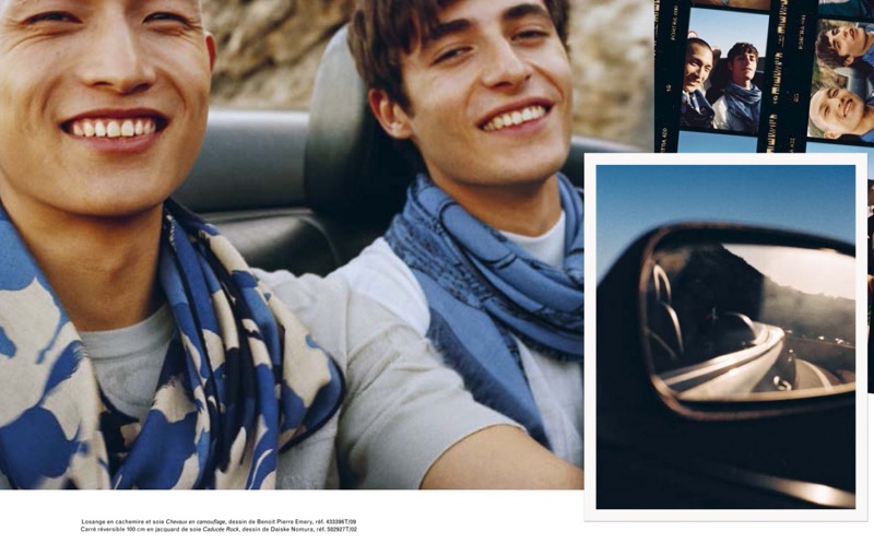 All smiles, models Zhang Wenhui and Oscar Kindelan wear Hermès scarves.