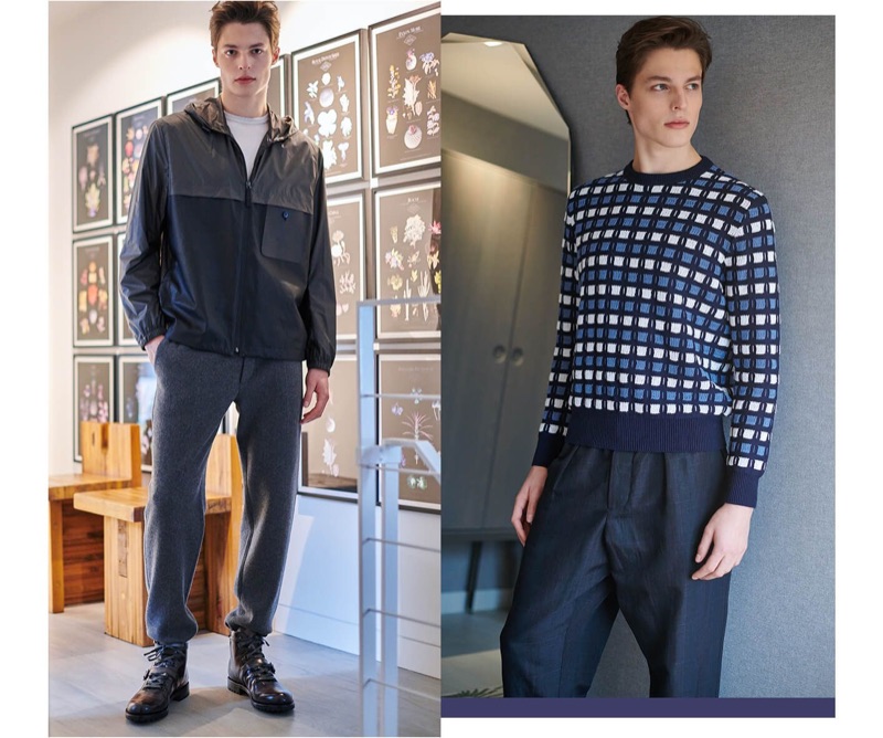 Left: Brodie Scott models a Berluti nylon and leather jacket with jogger pants and lace-up boots. Right: Brodie dons a check Marni sweater with drawstring pants.