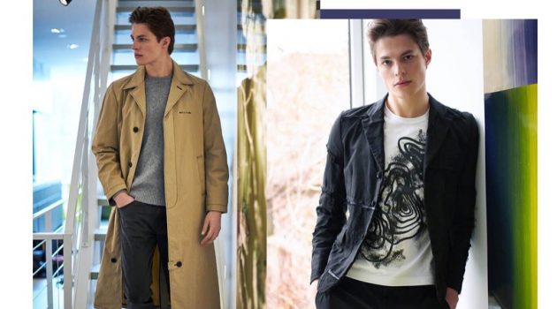 Start Up Style: Brodie Scott Models Holt Renfrew Looks Pictured left, Brodie Scott wears an Alyx coat with a Sunspel v-neck sweater, and Paige jeans.
