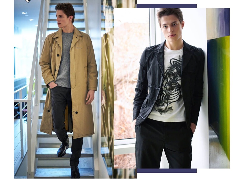 Pictured left, Brodie Scott wears an Alyx coat with a Sunspel v-neck sweater, and Paige jeans.