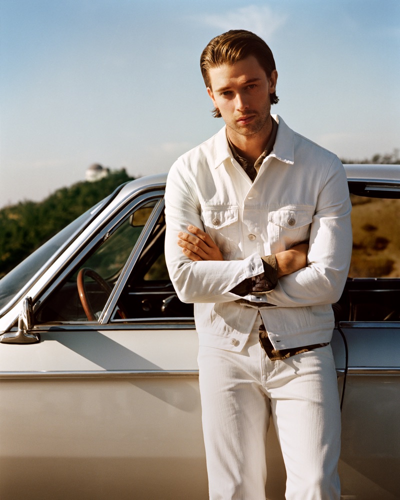 Patrick Schwarzenegger dons a white look for Mango Man's spring-summer 2019 campaign.