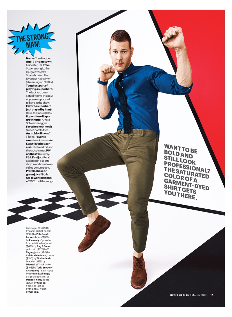 Tom Hopper sports a shirt, tie, and trousers by POLO Ralph Lauren. He also dons Eleventy boots.