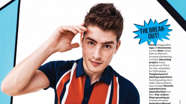 Gregg Sulkin dons a Ben Sherman polo with a Lacoste watch and trousers.