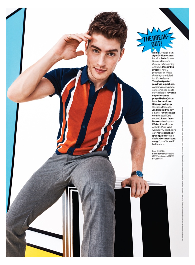 Gregg Sulkin dons a Ben Sherman polo with a Lacoste watch and trousers.