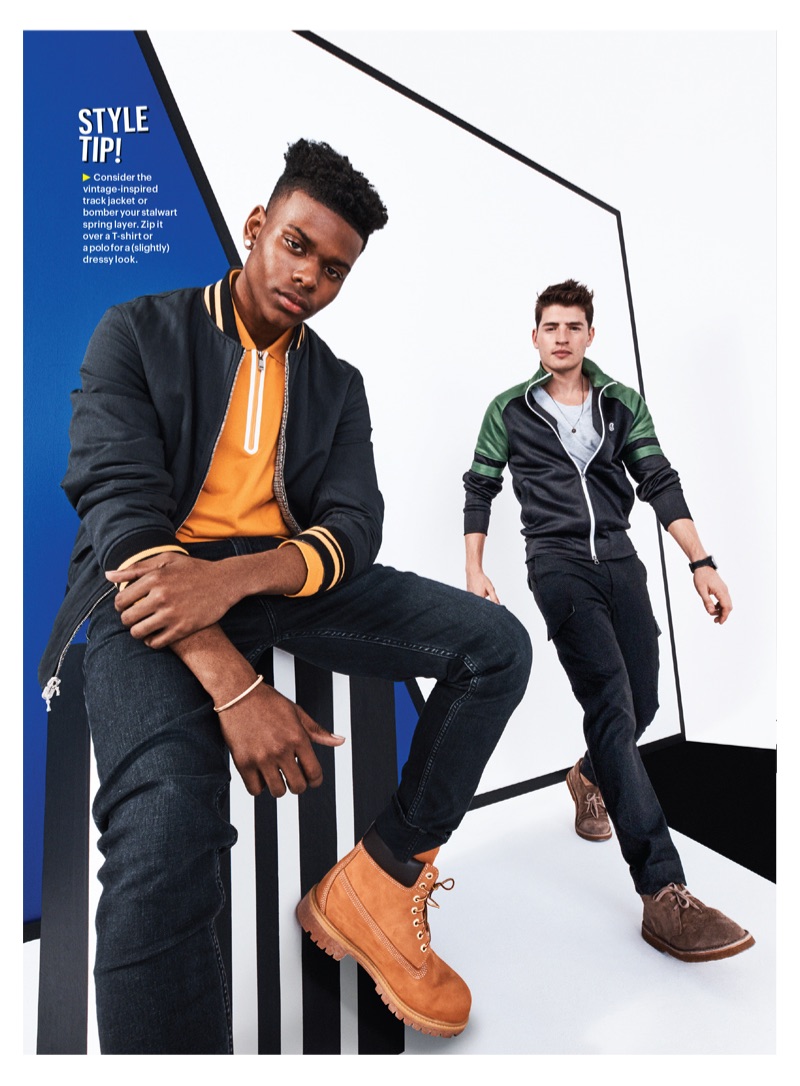 Left: Aubrey Joseph wears a Rag & Bone bomber jacket, Z Zegna polo, Calvin Klein Jeans denim, and Timberland boots. Gregg Sulkin rocks a Todd Snyder + Champion track jacket, Armani Exchange t-shirt, Michael Kors cargo pants, and Closed boots.