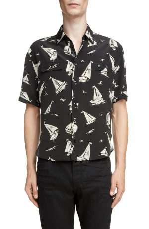 Men's Saint Laurent Sailboat Print Silk Shirt, Size 38 EU - Black Men's Saint Laurent Sailboat Print Silk Shirt, Size 38 EU - Black