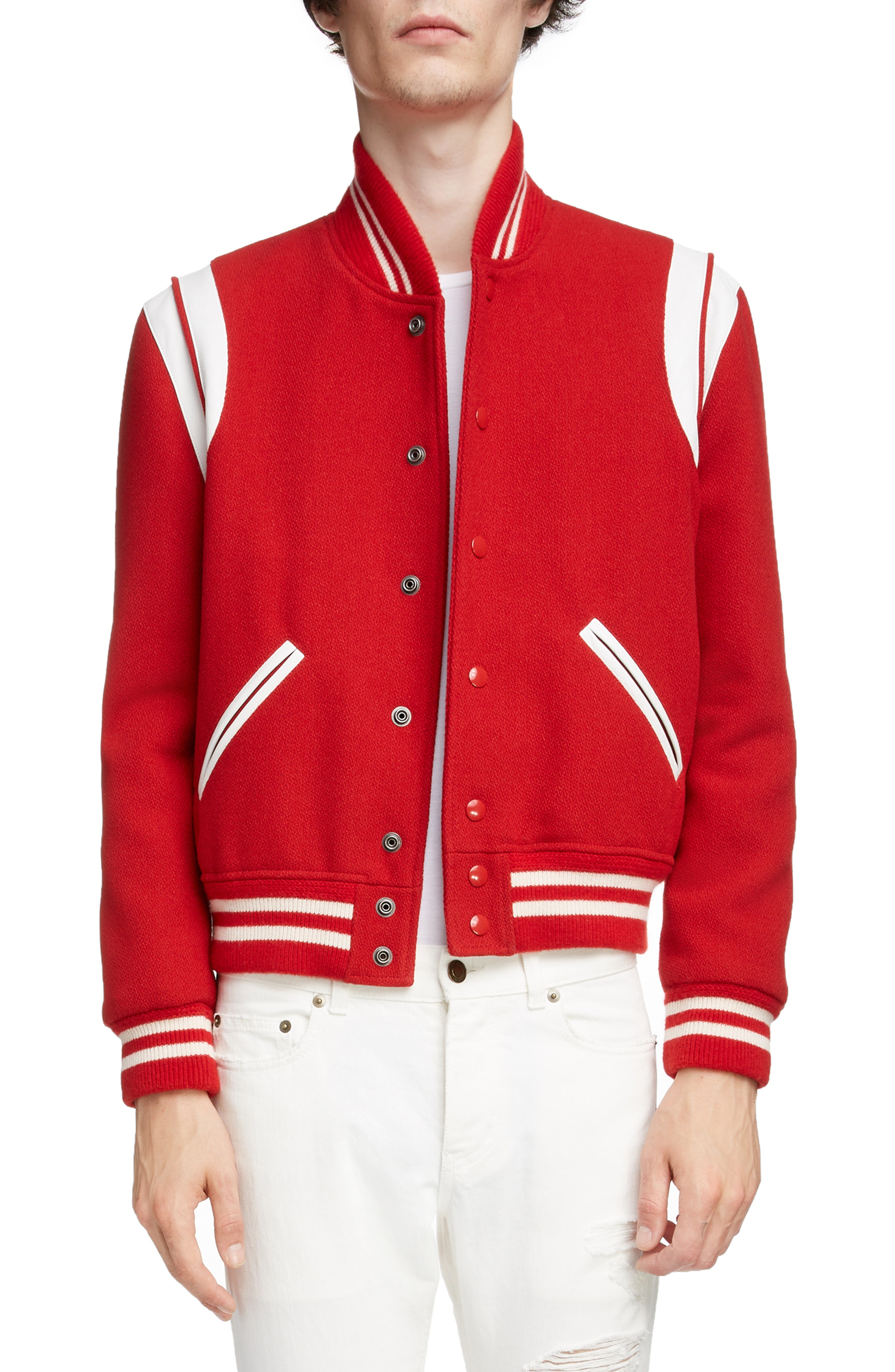 Men S Saint Lau Teddy Stretch Wool Varsity Jacket Size 46 Eu Red