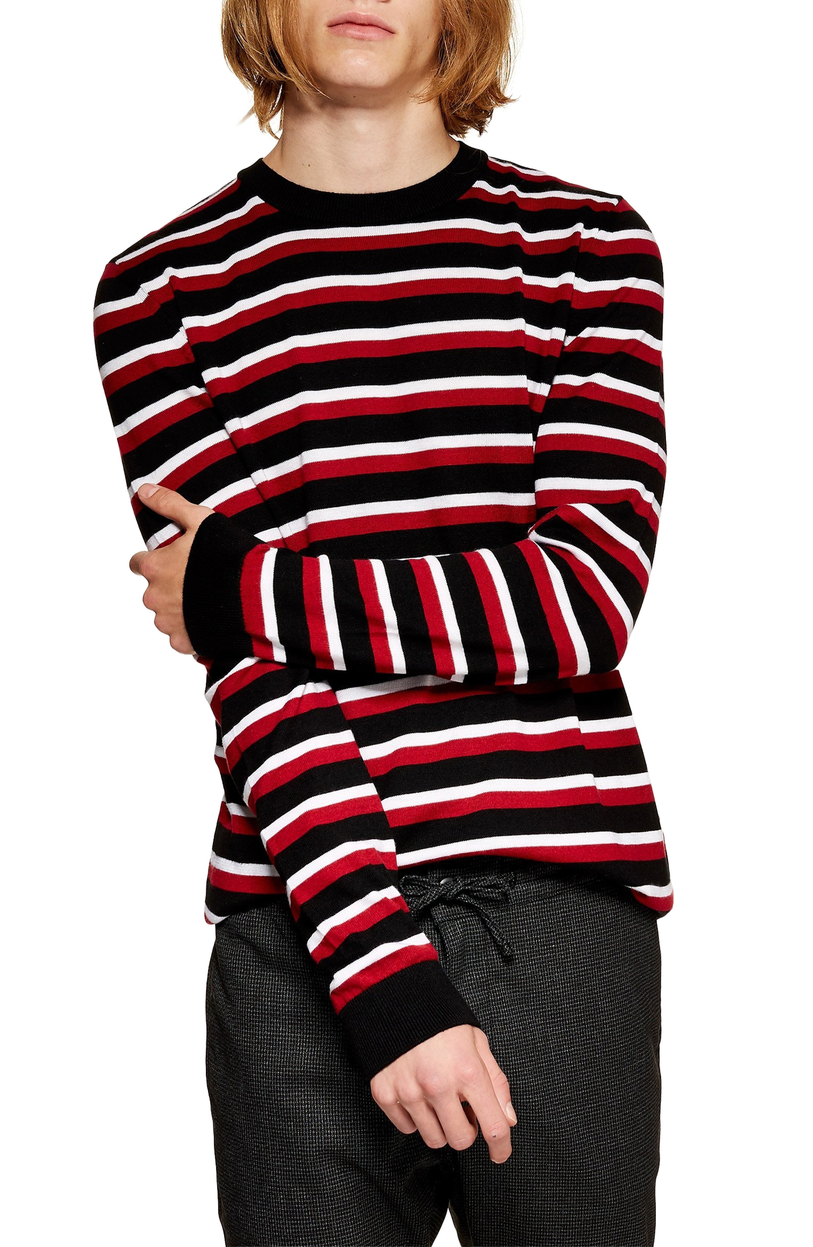 Men’s Topman Stripe Crewneck Sweater, Size Medium – Red | The Fashionisto